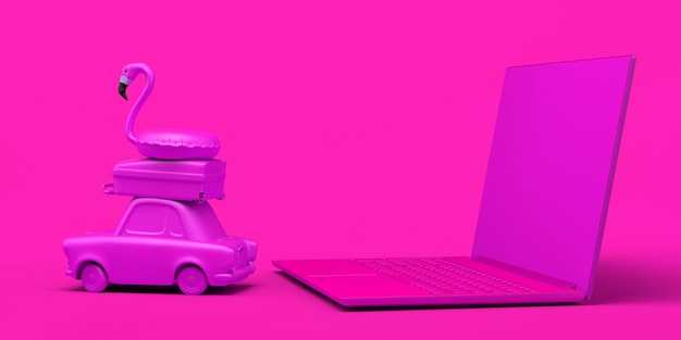 Foto conceito de reserva de férias de verão online com mala de carro e flutuador inflável ao lado do laptop copiar ilustração 3d do espaço