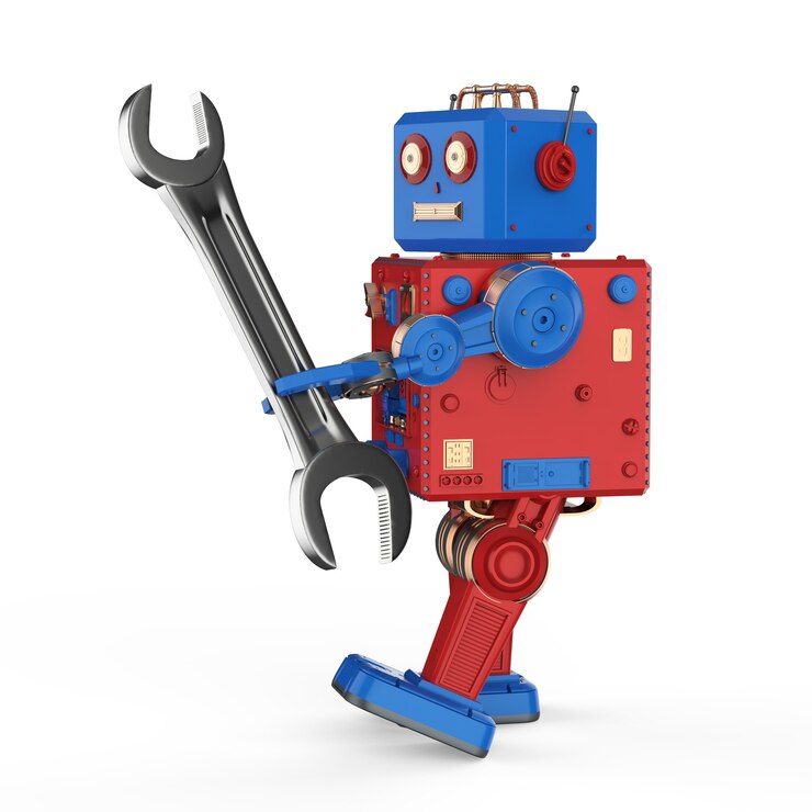 Foto conceito de robô engenheiro com renderização em 3d de brinquedo de lata de robô com chave inglesa