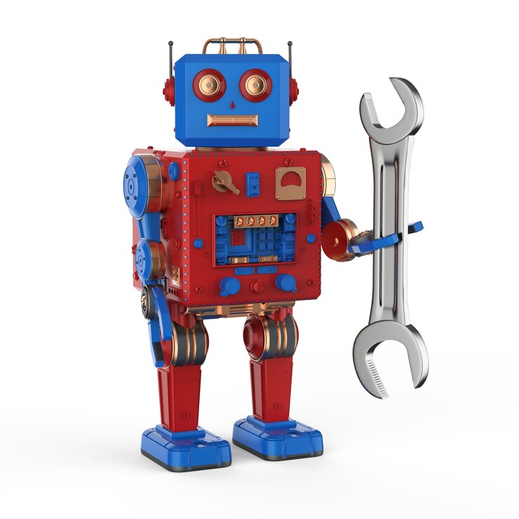 Foto conceito de robô engenheiro com renderização em 3d de brinquedo de lata de robô com chave inglesa
