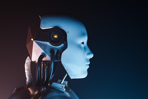 Conceito de robô humanoide AI face renderização 3D