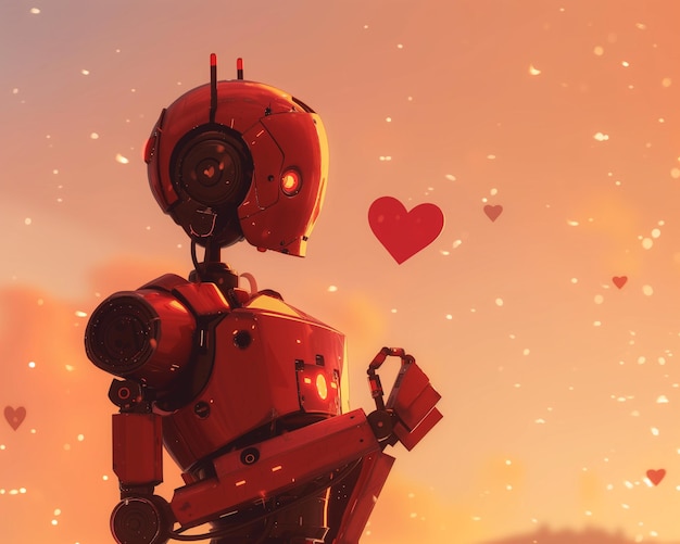 Conceito de robôs celebrando o Dia dos Namorados em um cenário futurista