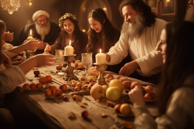 Foto conceito de rosh hashanah com pessoas em trajes tradicionais judaicos celebrando em uma mesa