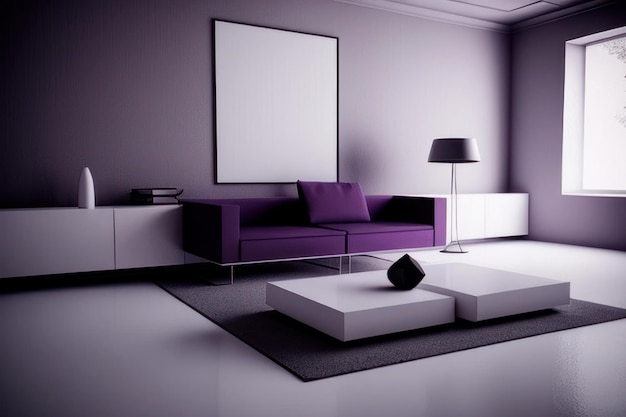 conceito de sala de estar na cor preta com móveis com detalhes em roxo