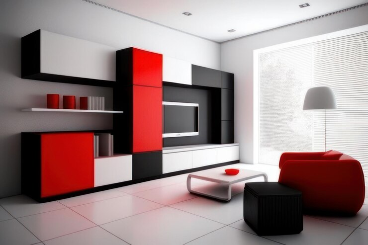 Foto conceito de sala de estar na cor preta com móveis com detalhes em vermelho