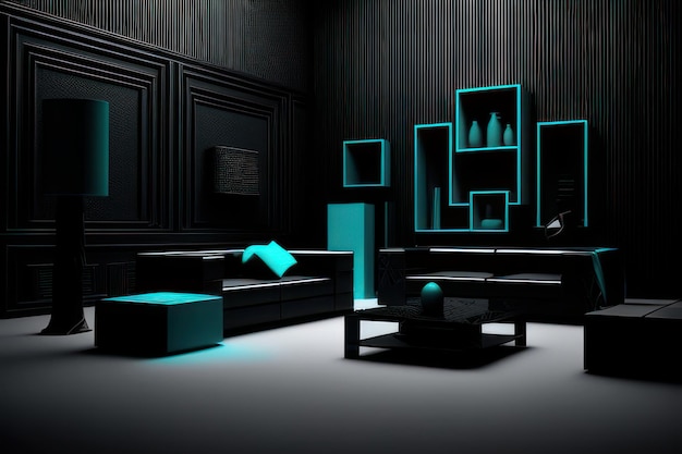 conceito de sala de estar na cor preta com móveis destacados em azul