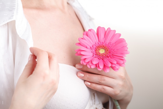 Conceito de saúde feminina, mão segure gerbera floower rosa