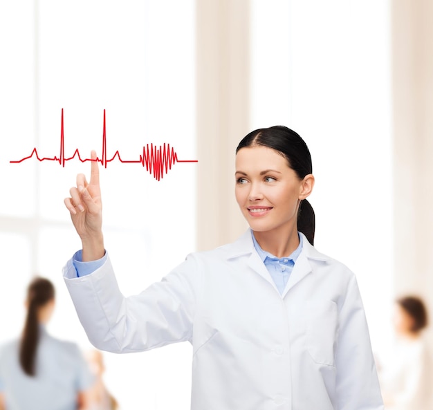 conceito de saúde, medicina e tecnologia - médica sorridente apontando para coração e eletrocardiograma