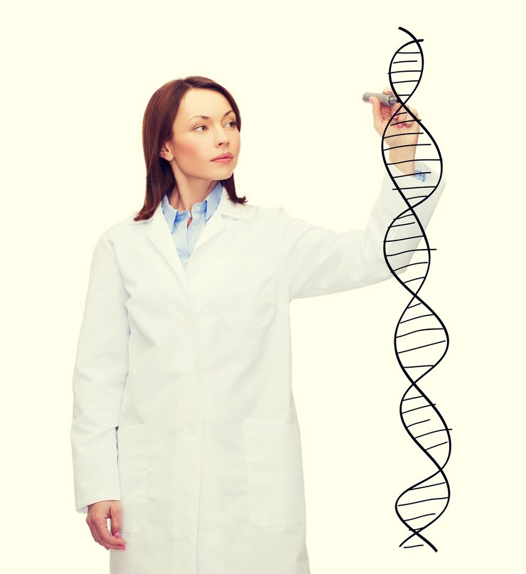 Foto conceito de saúde, médico e tecnologia - jovem médica escrevendo molécula de dna no ar