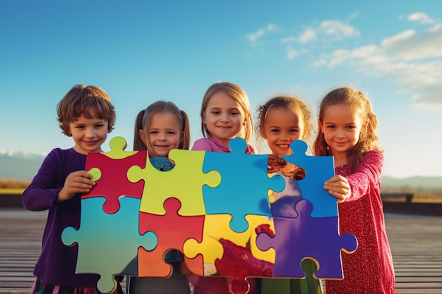 Conceito de saúde mental infantil autismo Crianças segurando um quebra-cabeça de cores Cuidar de campanhas de unidade caridade amor doação e mãos de ajuda