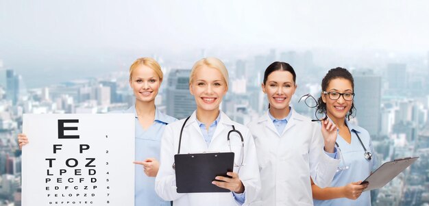 conceito de saúde, visão e medicina - oftalmologistas e enfermeiras sorridentes com gráfico de exame oftalmológico, óculos e prancheta