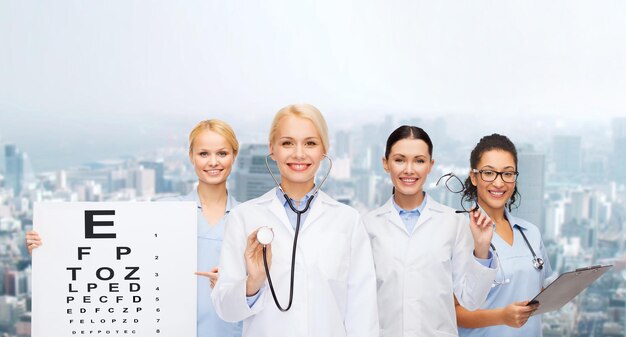 conceito de saúde, visão e medicina - oftalmologistas e enfermeiras sorridentes com gráfico de exame oftalmológico, óculos e prancheta