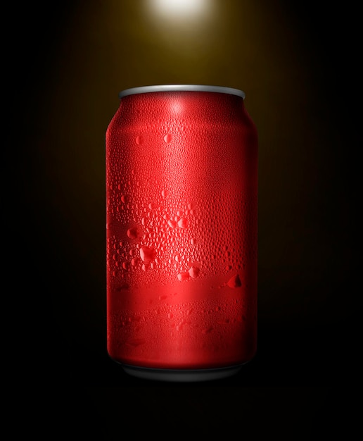 Conceito de sede e saciar a sede Lata de metal vermelha com cola ou cerveja Gotas de condensação na superfície