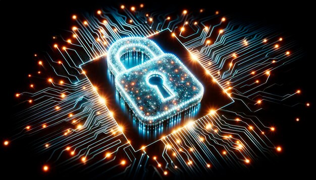 Conceito de segurança cibernética com placa de circuito e cadeado IA geradora