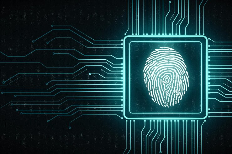 Foto conceito de segurança cibernética com tela digital com microchip e impressão digital em fundo de tecnologia escura renderização 3d