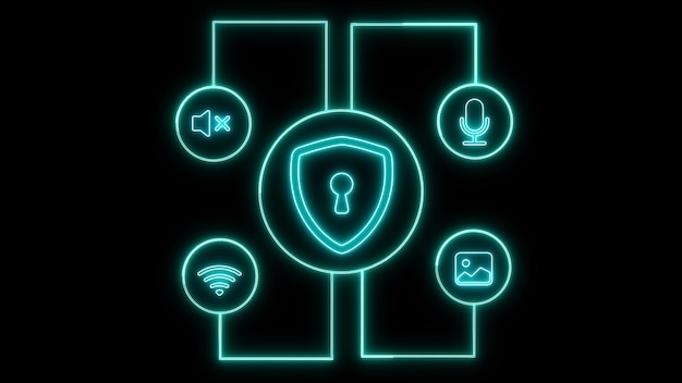 Conceito de segurança cibernética de néon com fechaduras e ícones brilhantes em um fundo escuro