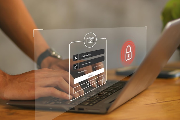 Conceito de segurança cibernética Login Identificação do usuário segurança e criptografia das informações acesso seguro à Internet segurança cibernética acesso seguro às informações pessoais do usuário