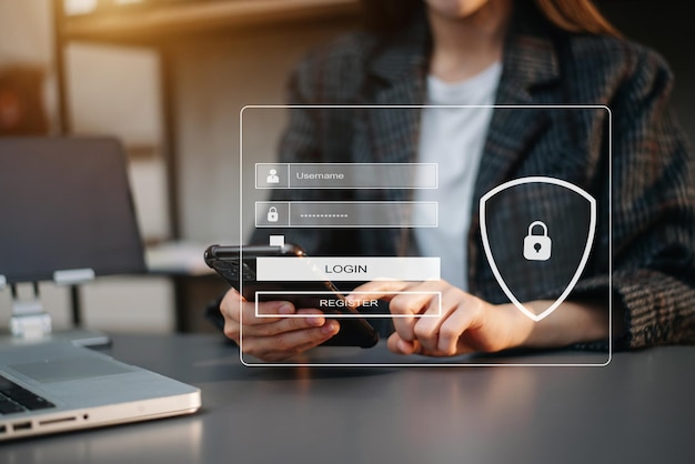 Conceito de segurança cibernética Login Segurança da informação de identificação do usuário e criptografia acesso seguro às informações pessoais do usuário mulher usando smartphone e tablet