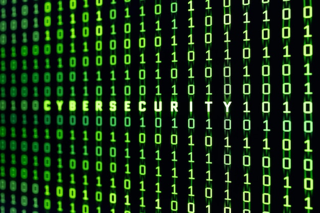 Conceito de segurança cibernética Palavra de segurança cibernética no fundo do código binário de uma tela de computador