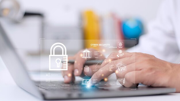 Conceito de segurança cibernética privacidade do usuário segurança e criptografia acesso seguro à Internet Tecnologia futura e cadeado de tela cibernética