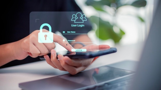Conceito de segurança cibernética privacidade do usuário segurança e criptografia acesso seguro à Internet Tecnologia futura e cadeado de tela cibernética
