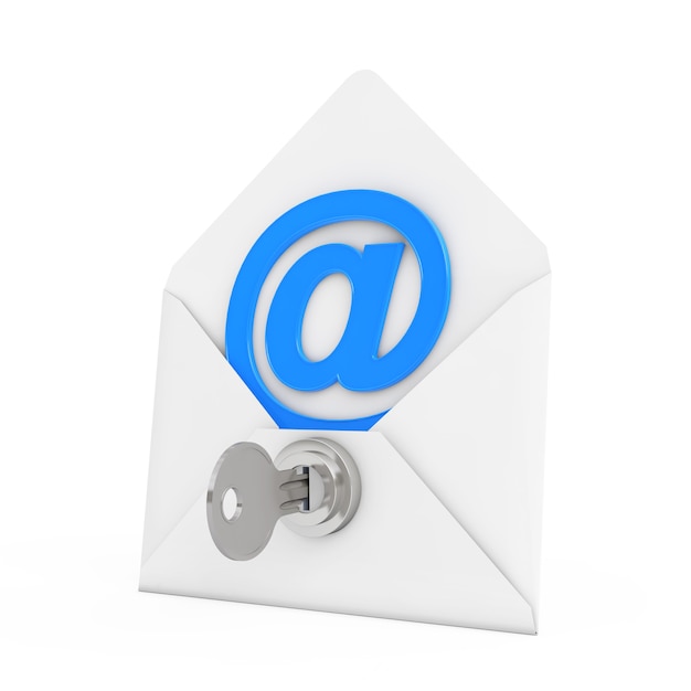 Conceito de segurança. E-mail Sign in Envelope with Key and Keylock em um fundo branco. Renderização 3D.