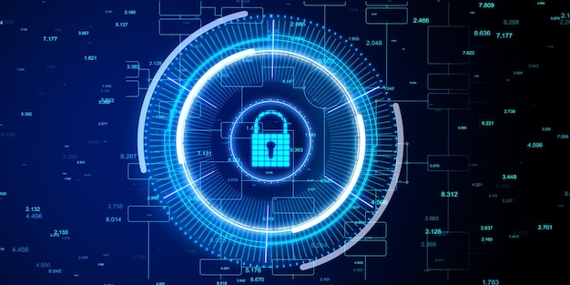Conceito de segurança e segurança cibernética com textura de tela do ícone de bloqueio digital em fundo escuro abstrato com fundo de dados de estatísticas