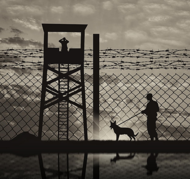 Conceito de segurança. Silhueta de uma torre de vigia e um guarda com um cachorro no fundo da cerca com arame farpado e reflexão