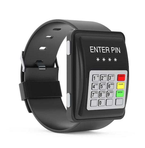 Conceito de segurança. Smartwatch como teclado ATM em um fundo branco. Renderização 3D