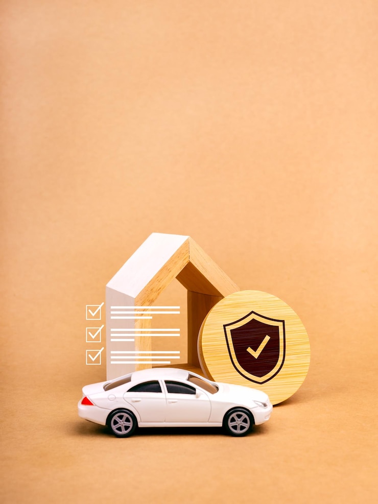 Foto conceito de seguro de casa e carro ícone de escudo em madeira redonda insígnia e lista de verificação com carro de brinquedo branco modelo de casa moderna de fundo marrom vertical espaço de cópia de seguro ou empréstimo imóvel ou propriedade