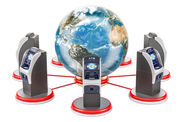 Conceito de serviço bancário global caixas eletrônicos ao redor da Terra Globo renderização 3D