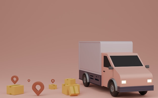 Conceito de serviço de entrega, entrega em casa. Carrinha de entrega, embalagem e pin castanho. Renderização 3D.