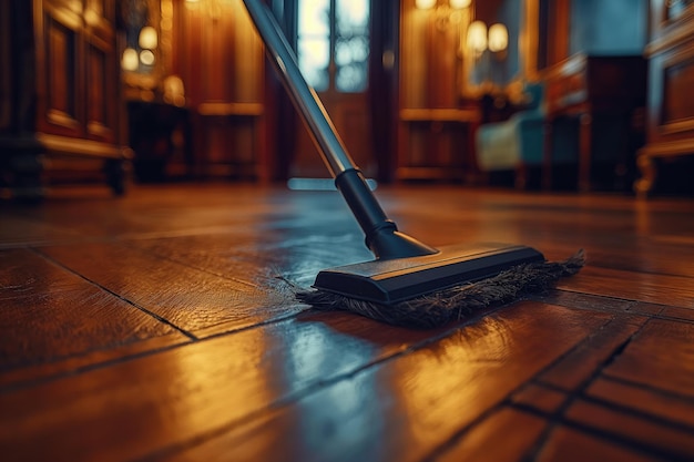Conceito de serviço de limpeza Limpeza do chão com um esfregão Close-up de uma vassoura em uma superfície molhada