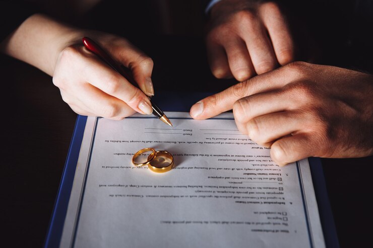 Foto conceito de sinal de contrato de casamento. homem e mulher assinando documentos.