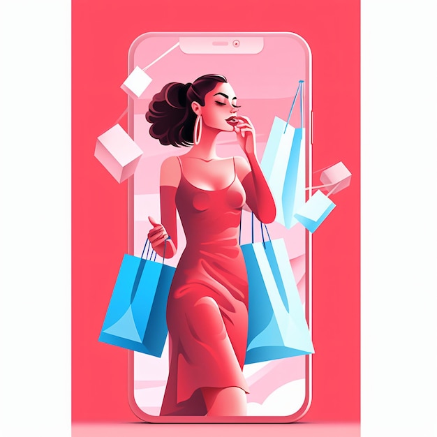 Conceito de smartphone de comércio eletrônico de compras uma mulher elegante com ilustração de bolsas