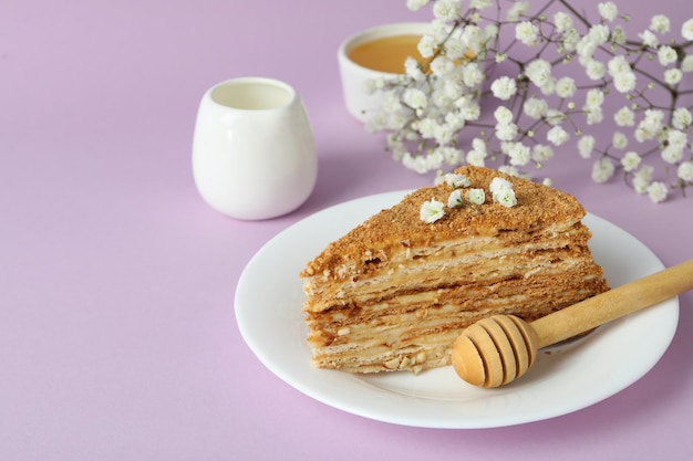 Conceito de sobremesa saborosa com espaço de bolo de mel para texto