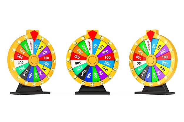 Foto conceito de sorte e fortuna. girando a roda da fortuna colorida sobre um fundo branco. renderização 3d