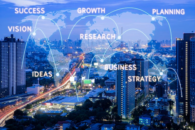 Conceito de sucesso Ese objetivos de negócios visão criatividade pesquisa planejamento estratégia e crescimento do negócio O fundo é uma cidade próspera um mapa do mundo com um link entre si