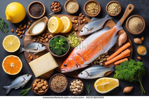 Foto conceito de superalimentos saudáveis para estimular o cérebro com peixe