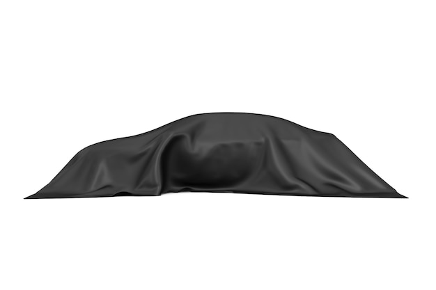 Conceito de surpresa, prêmio ou prêmio. Carro sedan escondido coberto com pano de seda preto sobre um fundo branco. Renderização 3D