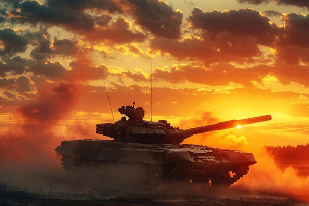 conceito de tanque de guerra e fumaça sobre o fundo do céu ao pôr do sol