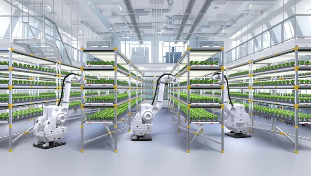 Conceito de tecnologia agrícola com braço robótico de renderização 3D pulverizando fertilizante em plantas em estufa