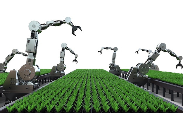 Conceito de tecnologia agrícola com braço robótico em estufa