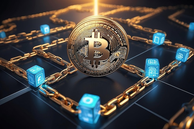 conceito de tecnologia blockchain com uma cadeia de blocos criptografados e pessoa em fundo fintech criptomoeda financeira, como bitcoin