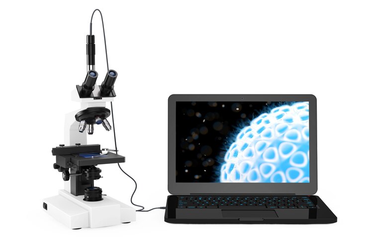 Foto conceito de tecnologia científica. microscópio de laboratório moderno conectado ao laptop com bactérias e vírus na tela em um fundo branco. renderização 3d.