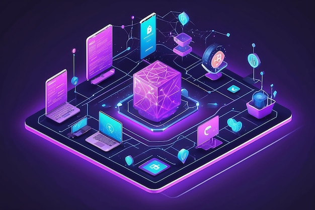 Conceito de tecnologia de blockchain isométrica Comércio eletrônico de rede Bitcoin negociação de criptomoeda global Ilustração de transferência de dados de blockchain em fundo ultravioleta Ilustração isométrica vetorial 3D