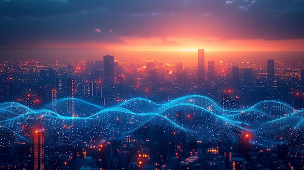 Foto conceito de tecnologia de cidade inteligente e big data com fios e antenas onduladas azuis digitais em fundo de horizonte noturno preto