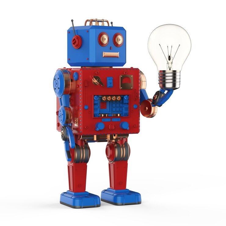 Foto conceito de tecnologia de criatividade com renderização em 3d, robô de brinquedo de lata, segurando lâmpada