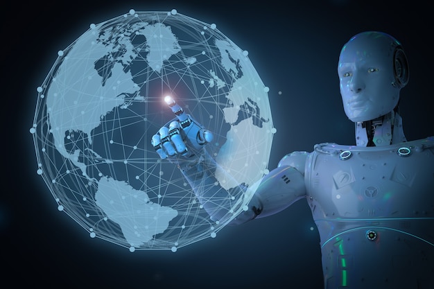 Conceito de tecnologia de globalização com robô de renderização 3D com conexão global