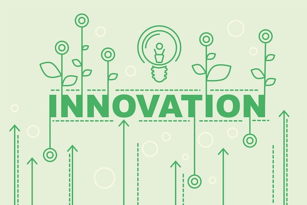 Conceito de tecnologia de inovação com lâmpada de ilustração de palavras e flores em pano de fundo verde claro