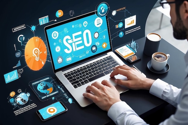 Conceito de tecnologia de marketing digital Internet Online Otimização de motores de busca SEO SMM Video Advertising